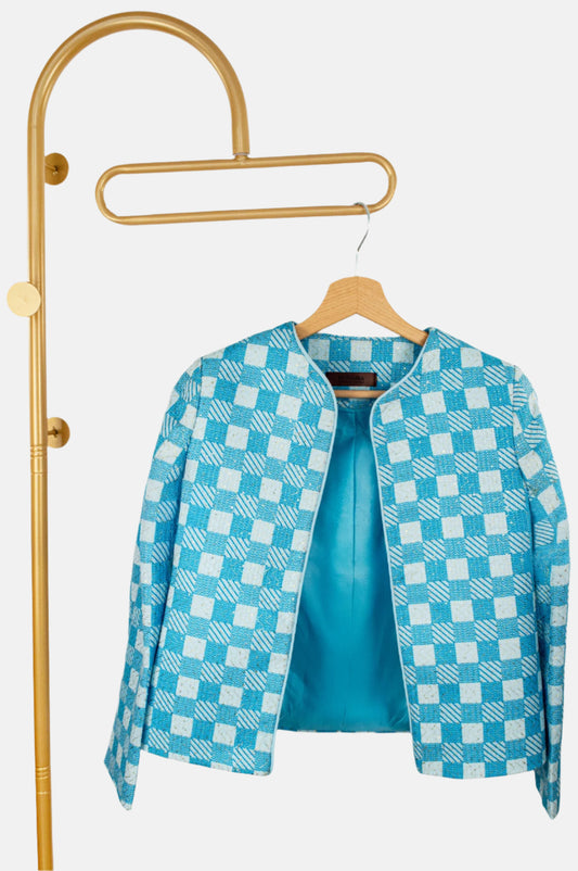 Blue Check Cotton Jacket with Gold Zari Embroidery