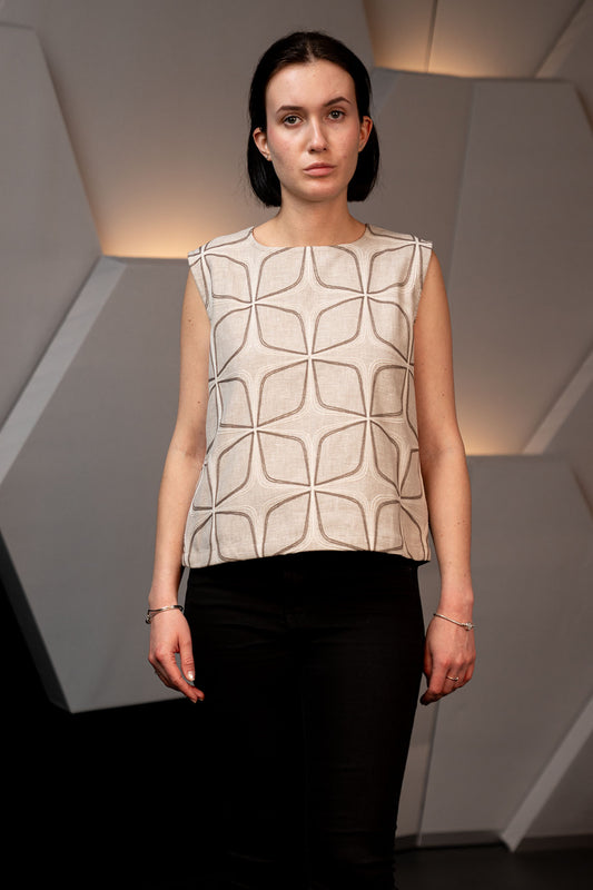 Embroidered Linen Structured Sleeveless Statement Top