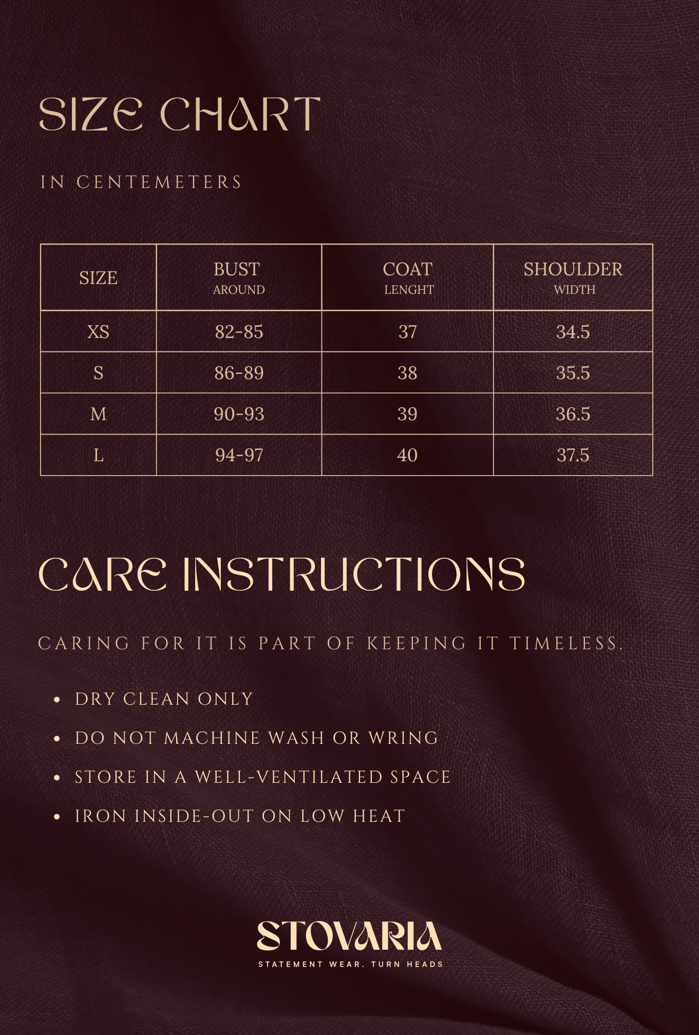 Size chart for Pastel Thread Embroidery Silk Crop Coat