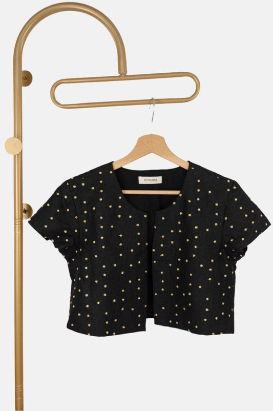 Linen Cropped Coat with Pearl Hand Embroidery