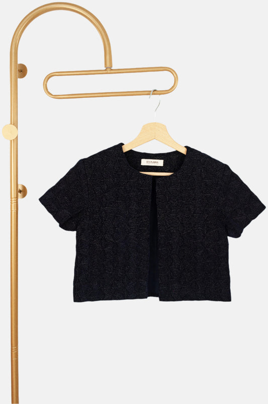 Velvet Navy Blue Crop Coat with Metallic Thread Embroidery