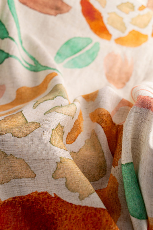 Pure Cotton Linen Camp Collar Shirt – Watercolor Leaf Print