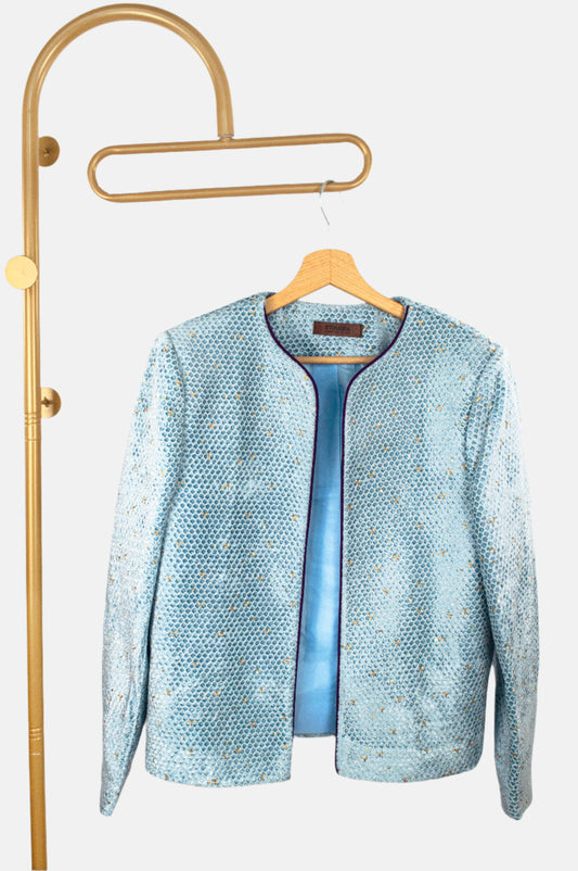 Blue Velvet Jacket – Embroidered Statement in Plush Texture