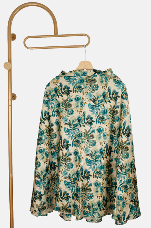 Raw Silk & Cotton Blend Ankle Length Skirt in Teal Floral