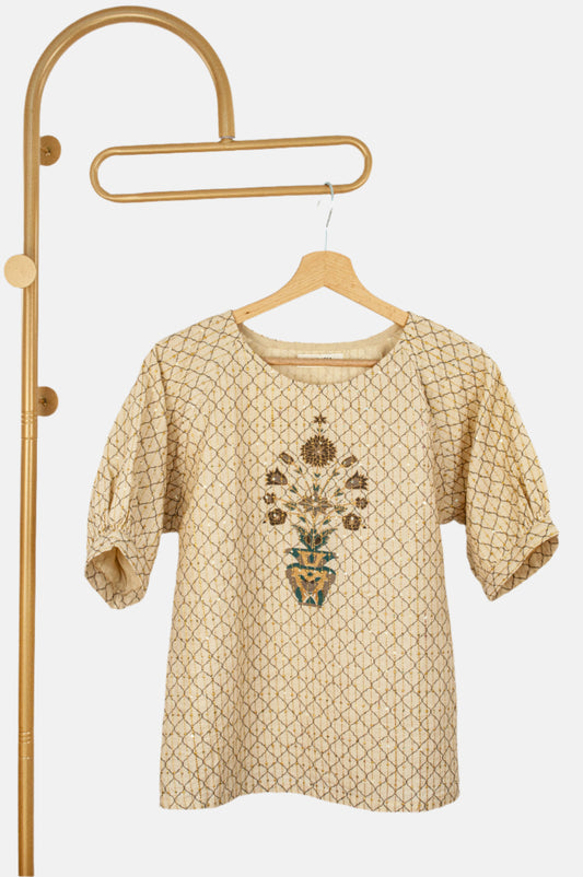 Golden Bloom pure Cotton Top with gold zari embroidery