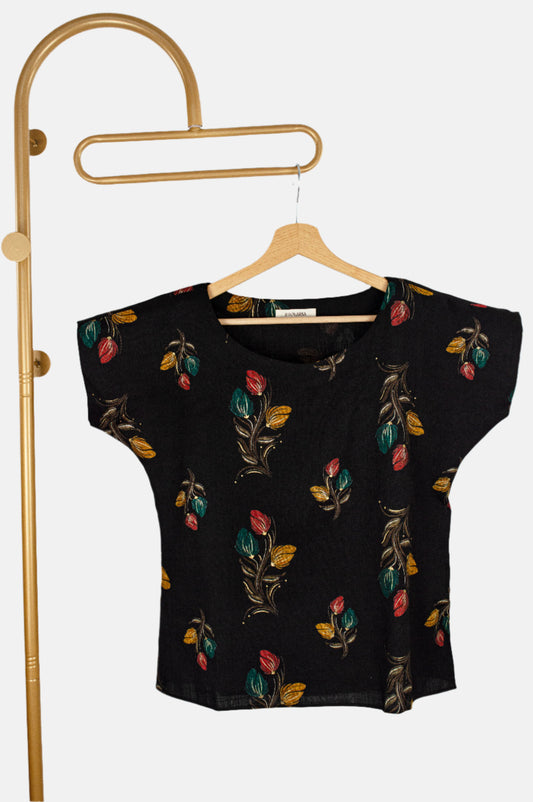 Black Floral Cotton-Silk Blouse – Subtle Sheen, Everyday Charm