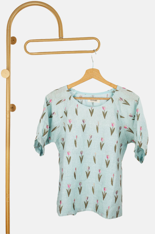 Tulip Embroidered Pure Linen Top – Soft Blue Summer Bloom