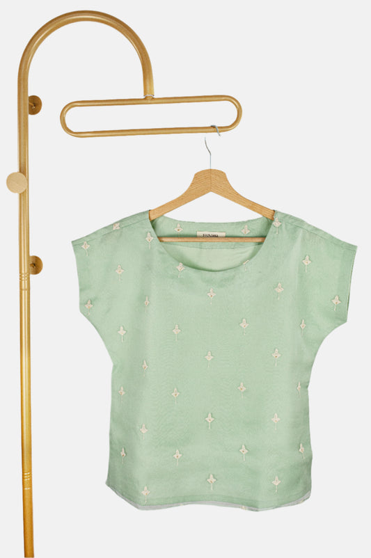 Mint Green Organza Silk Blouse with White Embroidered Flowers