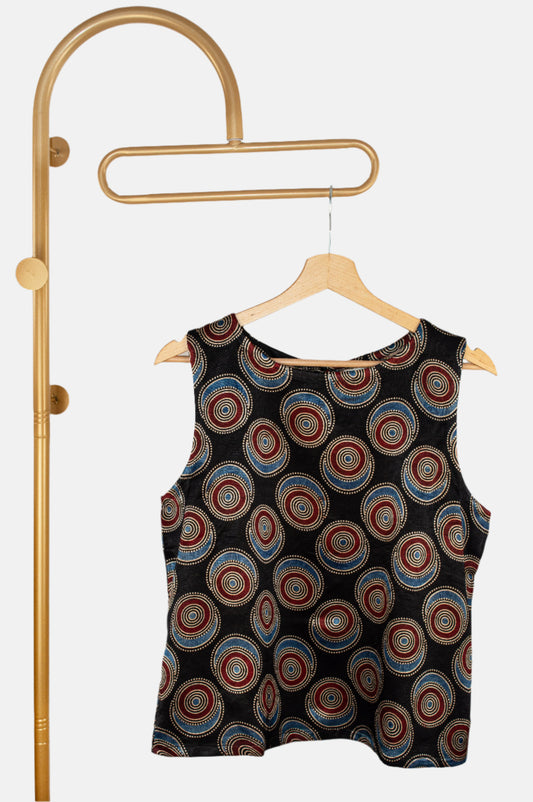 Sleeveless Circular Print Top in Mashru Silk with Natural Shine