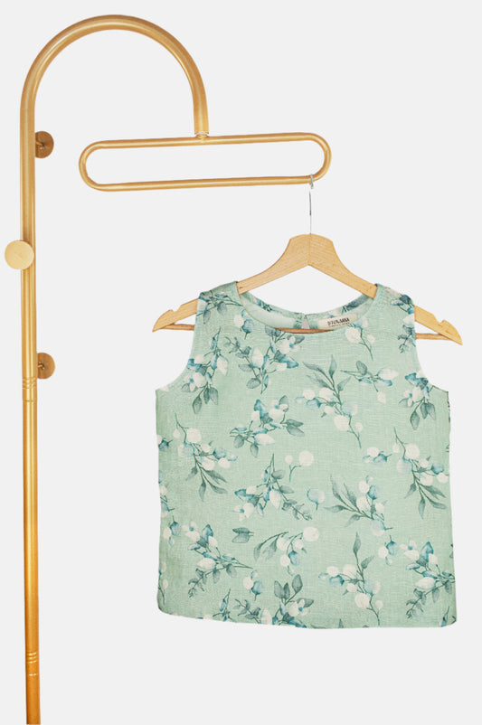 Mint Green Sleeveless Top in Pure Linen with Soft Floral Print
