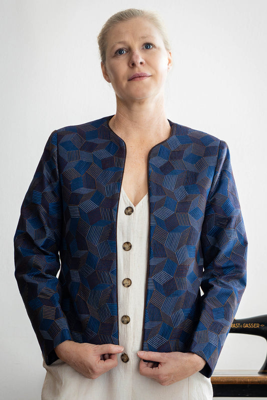 Model wearing handcrafted Tussar silk jacket with full thread embroidery – STOVARIA