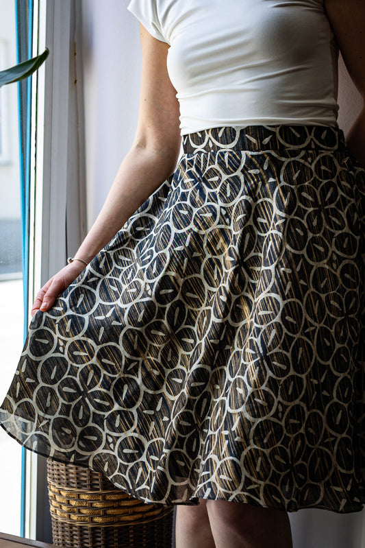 Black and Gold Printed Kora Silk Skirt with elastic waist
