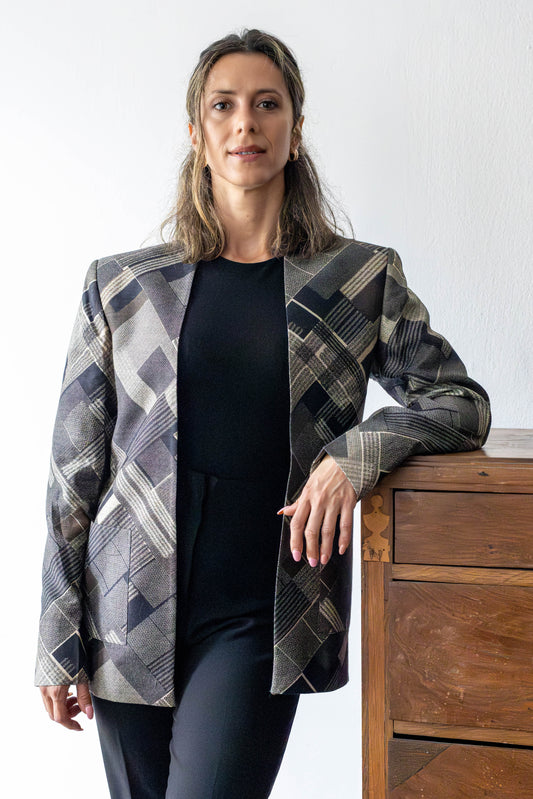 Unisex Lapel-Free Blazer in Pure Tussar Silk with Graphic Checks