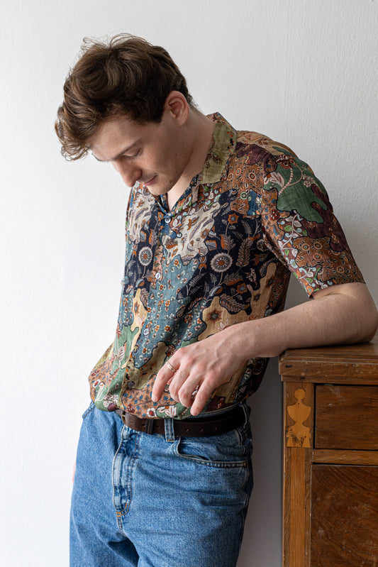 Heritage Patch Print Shirt in Pure crape silk with Camp Collar