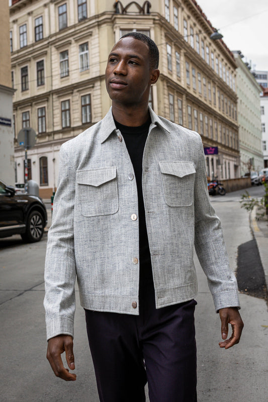 Handwoven Yak Wool Blend Shirt Jacket | Unisex Light Grey Shacket | Wool Overshirt