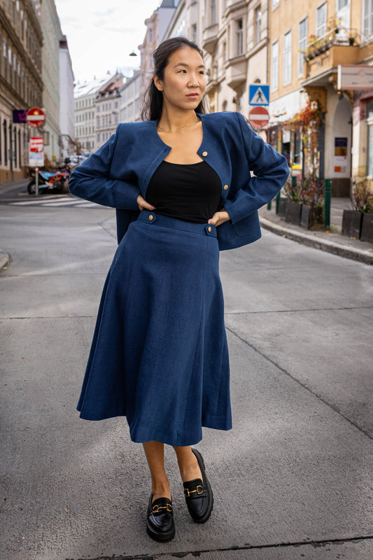 Merino Wool Jacket Skirt Set | Handwoven Indigo Blue Two Piece | Winter Dress