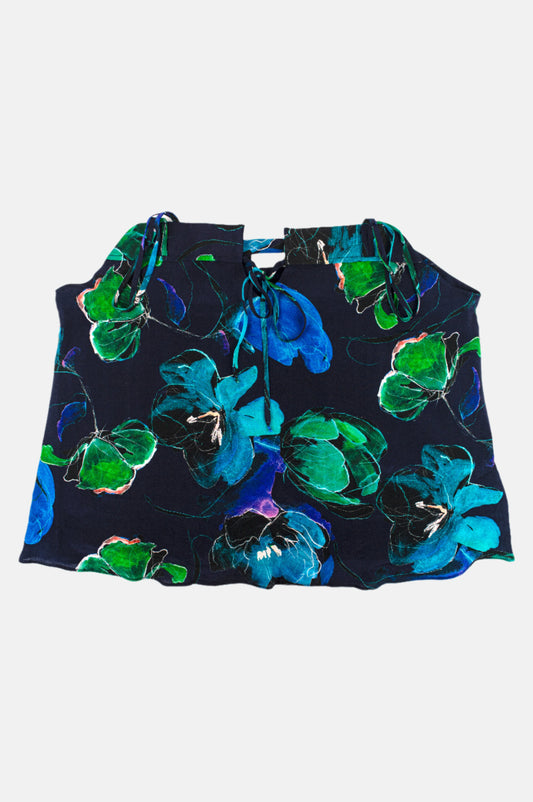 Elegant Blue Floral Silk Top – 100% Crepe Silk Strappy Summer Blouse | One of a Kind