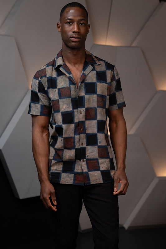 Camp Collar Half Sleeve Organic Cotton Shirt with Natural Dye Handblock Squares