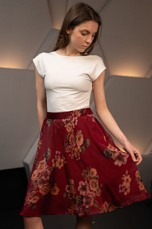Deep Red Organza Silk Knee Length A Line Skirt