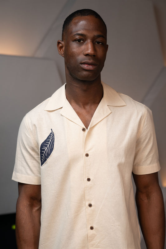 Camp Collar Half Sleeve Organic Cotton Shirt with Indigo Leaf Appliqué