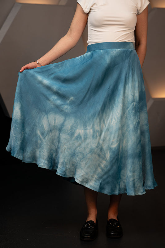 Indigo Cloud Dyed Vegan Banana Silk Midi Skirt