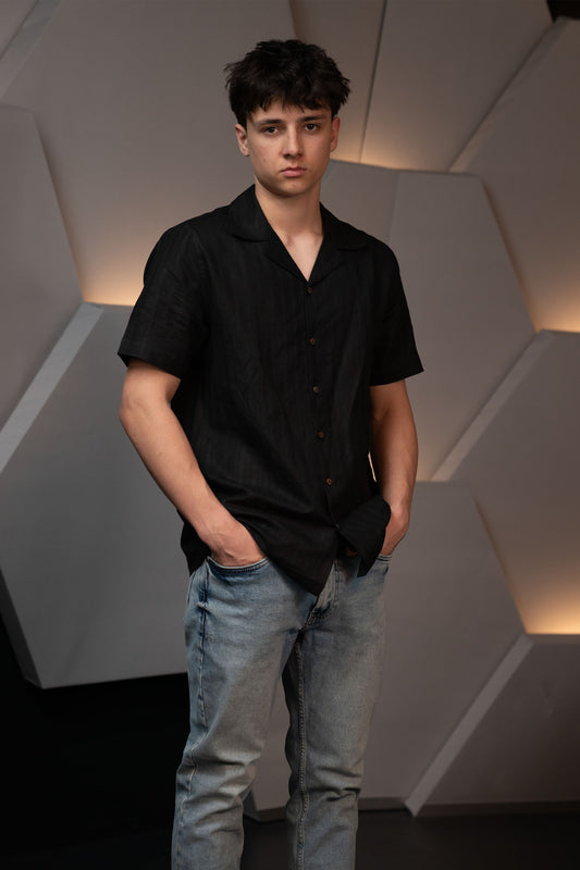 Handwoven Black Hemp Camp Collar Shirt