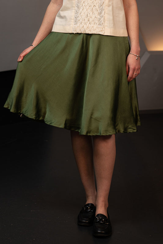 Moss Green Vegan Bamboo Silk Knee Length A Line Skirt