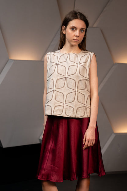 Embroidered Linen Structured Sleeveless Statement Top