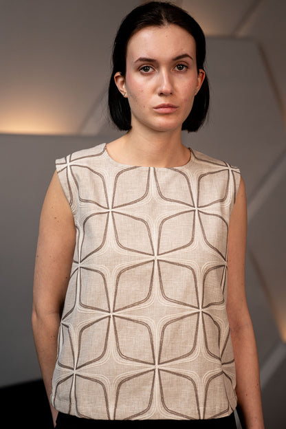 Embroidered Linen Structured Sleeveless Statement Top