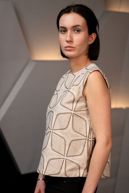 Embroidered Linen Structured Sleeveless Statement Top