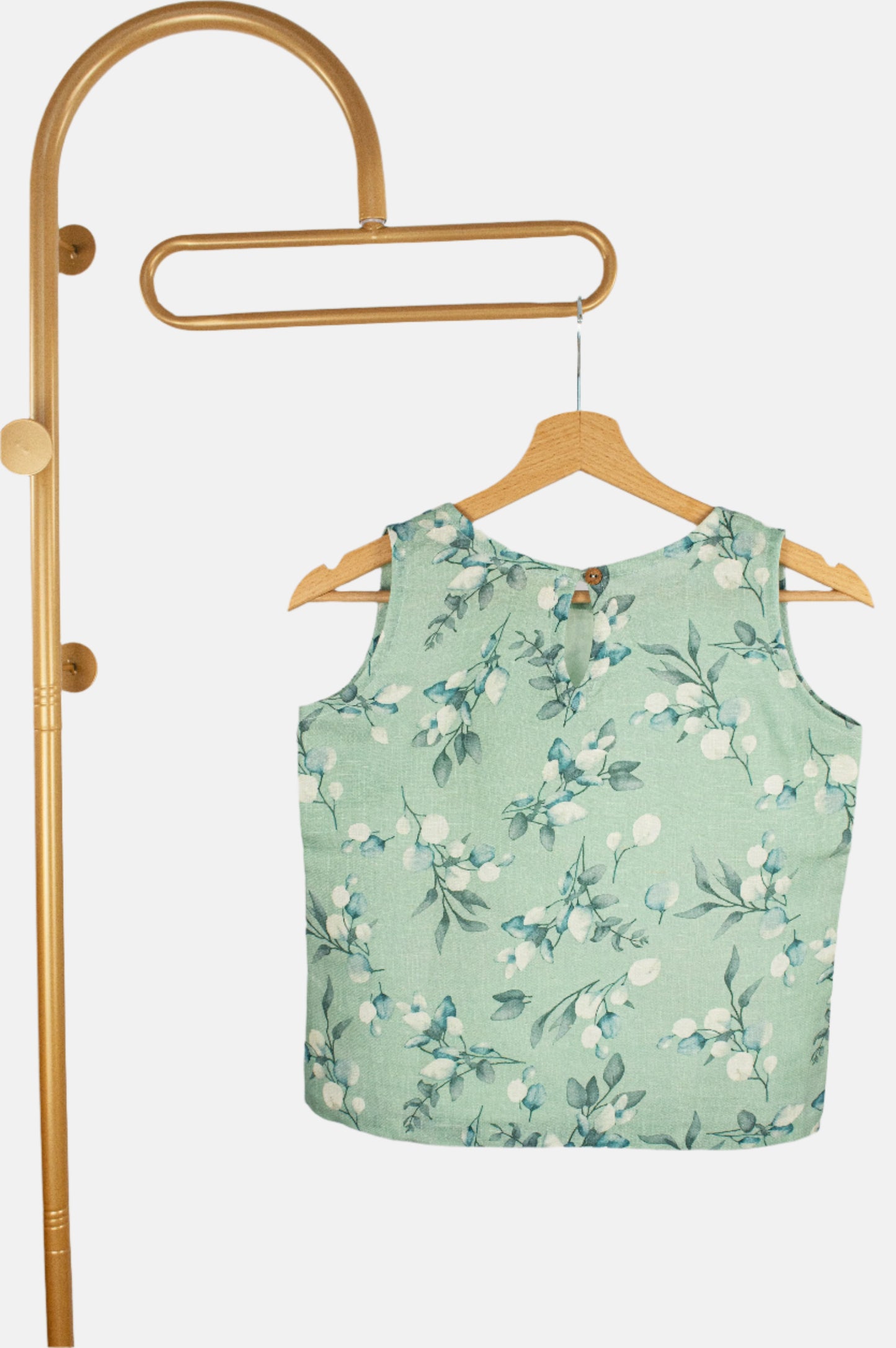 Mint Green Sleeveless Top in Pure Linen with Soft Floral Print