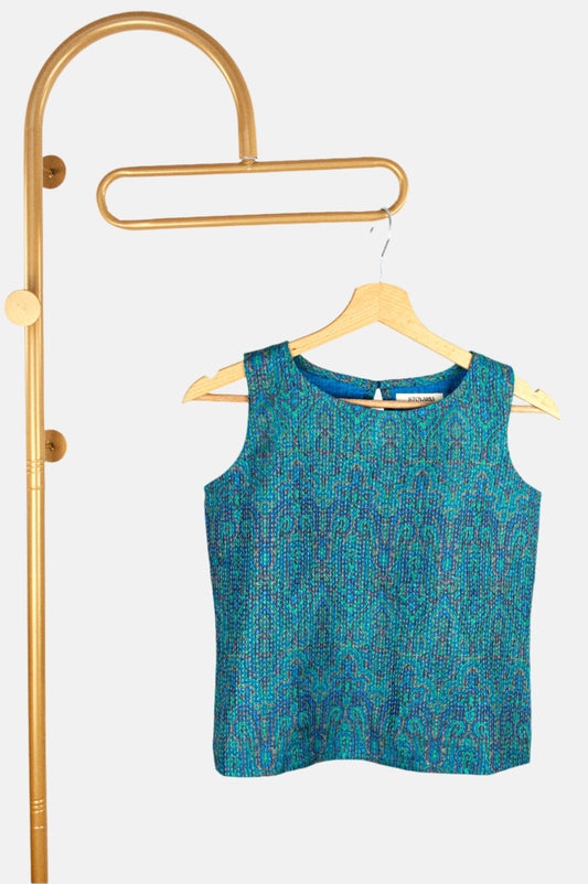 Teal Tussar silk tank top with embroidery and wooden button