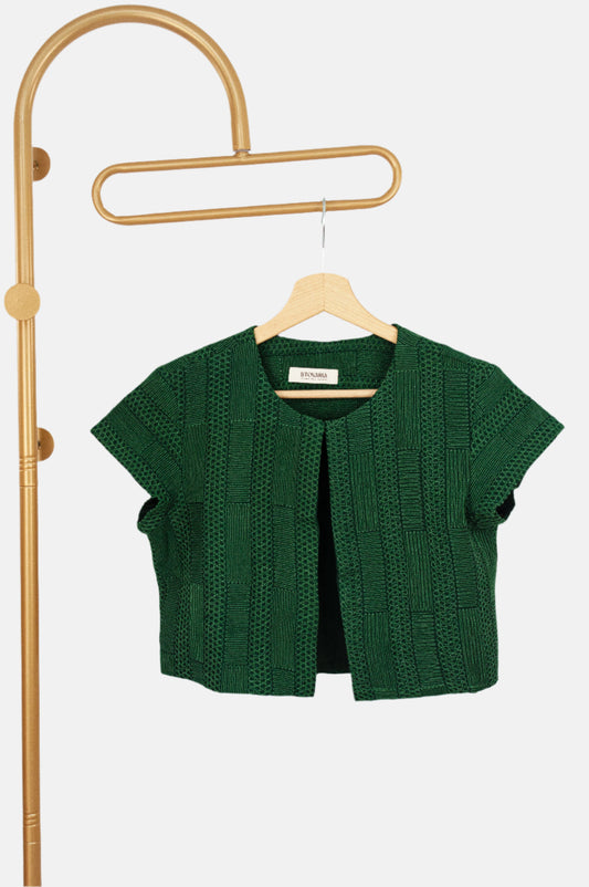 Green Pure Silk Cropped Coat with Self Thread Embroidery