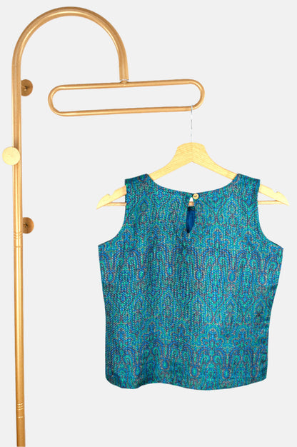 Embroidered Pure Tussar Silk Tank Top with Wooden Button