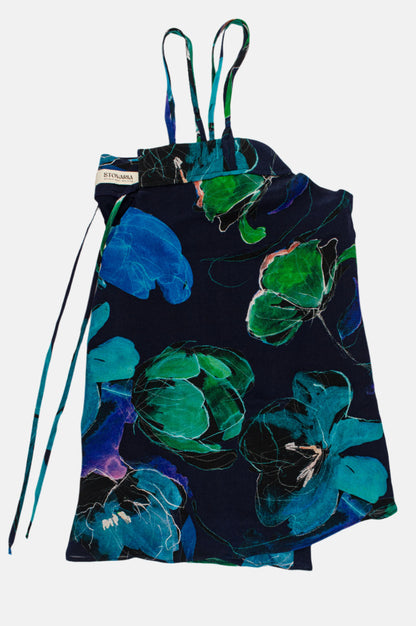 Elegant Blue Floral Silk Top – 100% Crepe Silk Strappy Summer Blouse | One of a Kind
