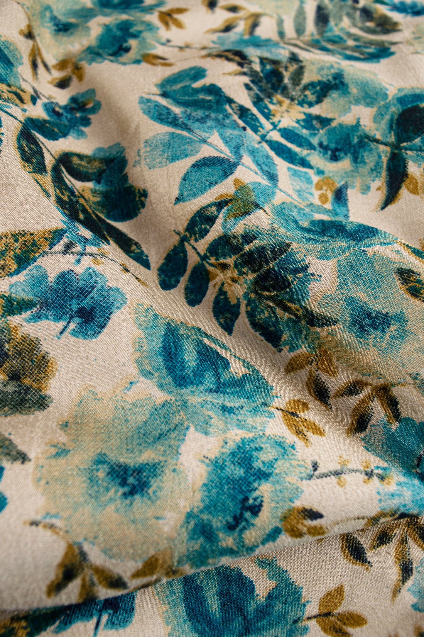Raw Silk & Cotton Blend Ankle Length Skirt in Teal Floral
