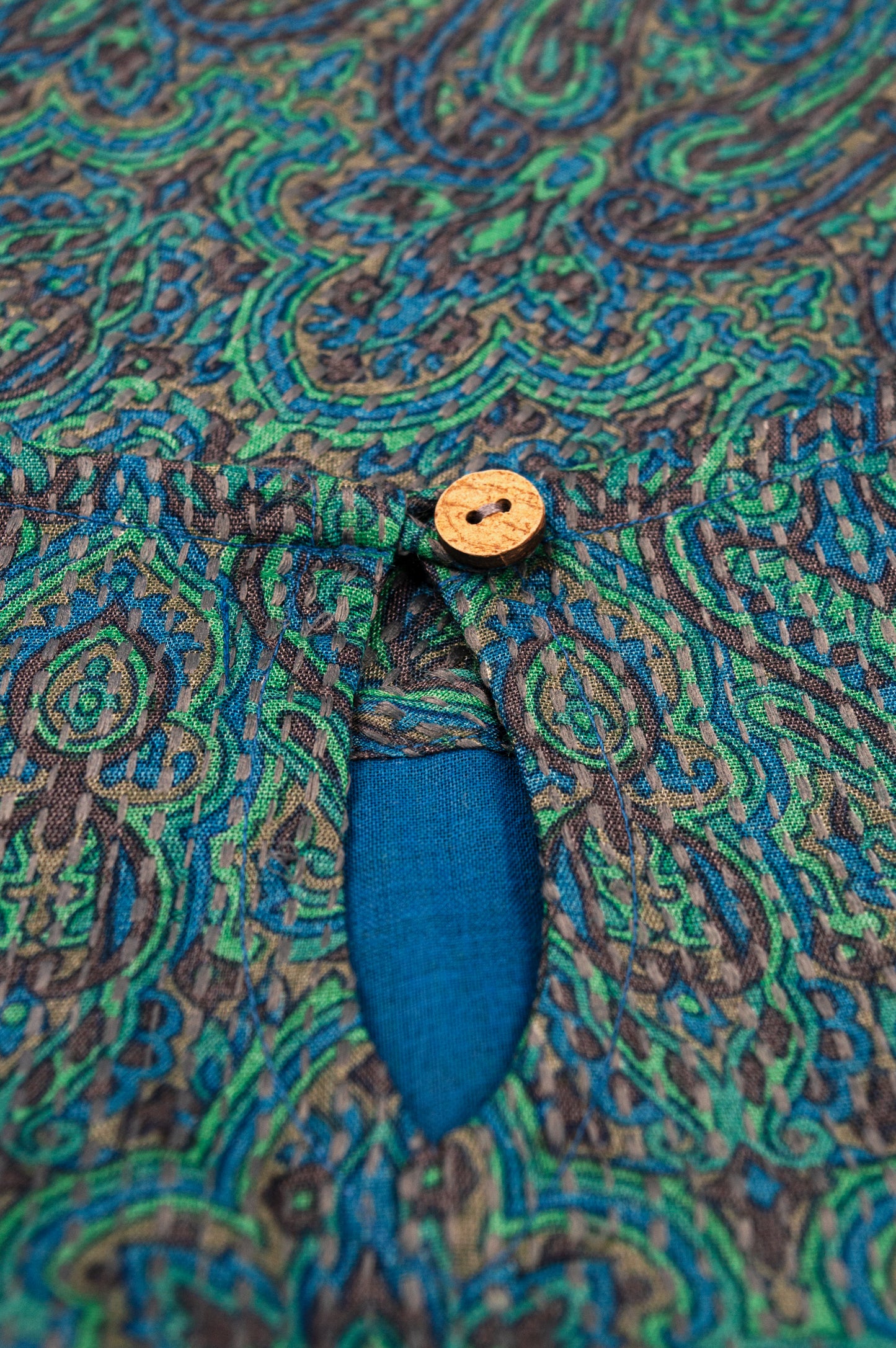 Embroidered Pure Tussar Silk Tank Top with Wooden Button