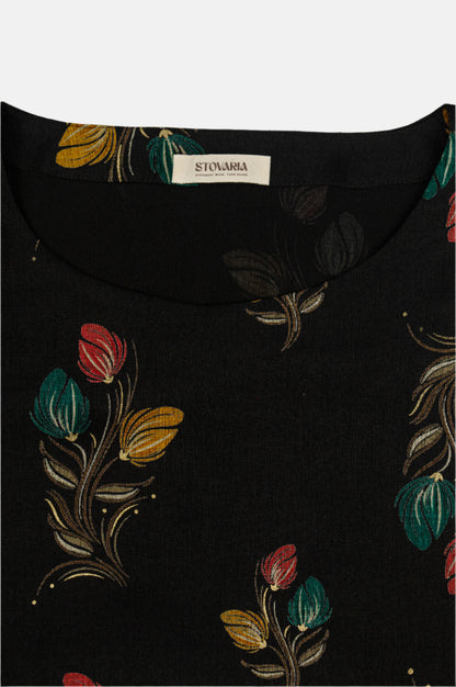 Black Floral Cotton-Silk Blouse – Subtle Sheen, Everyday Charm