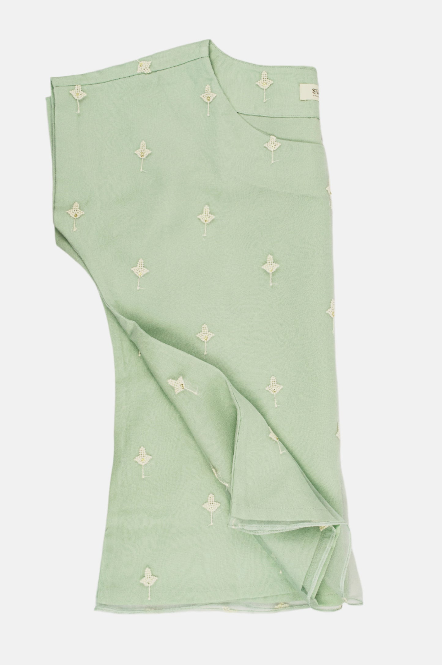 Mint Green Organza Silk Blouse with White Embroidered Flowers