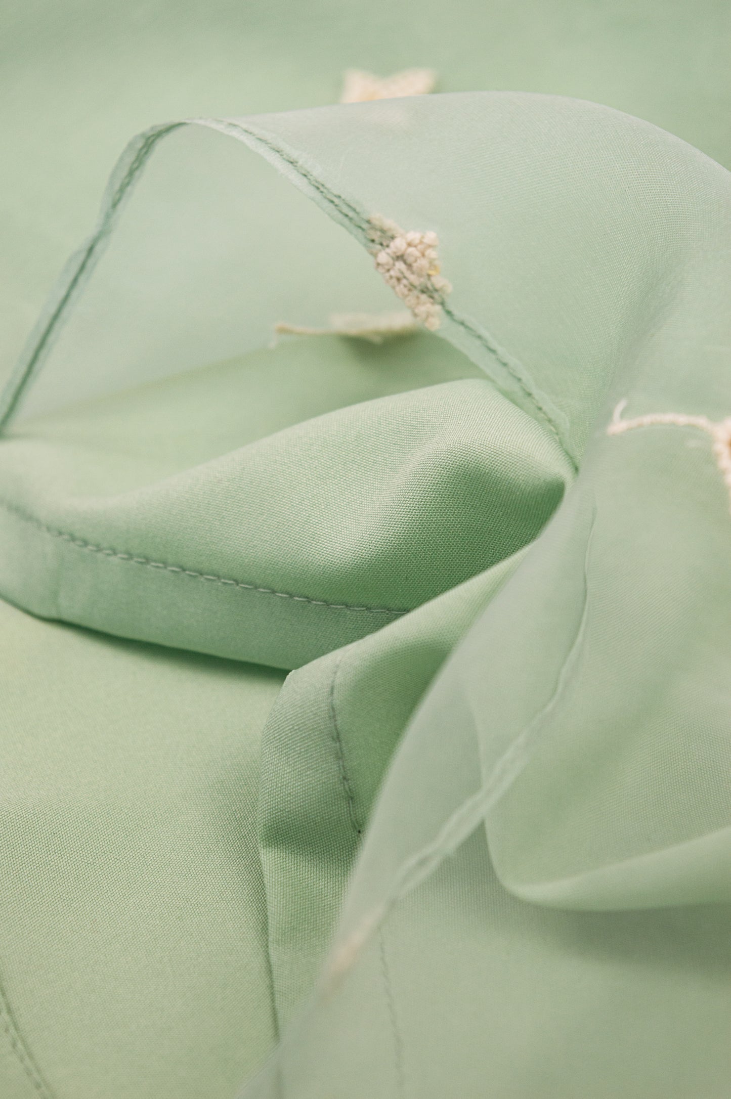 Mint Green Organza Silk Blouse with White Embroidered Flowers