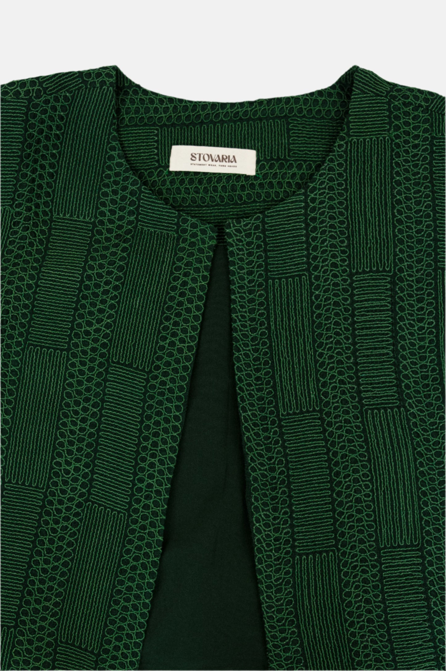 Green Pure Silk Cropped Coat with Self Thread Embroidery