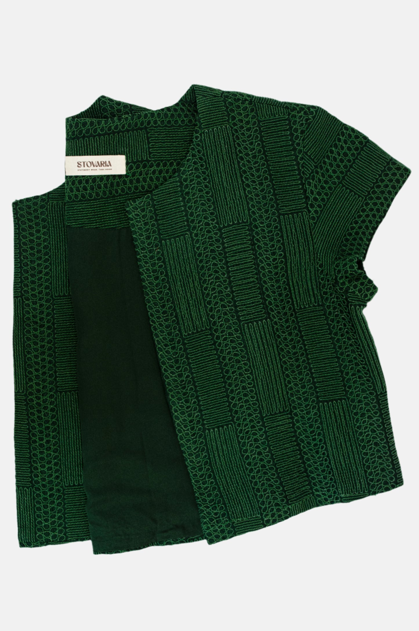 Green Pure Silk Cropped Coat with Self Thread Embroidery