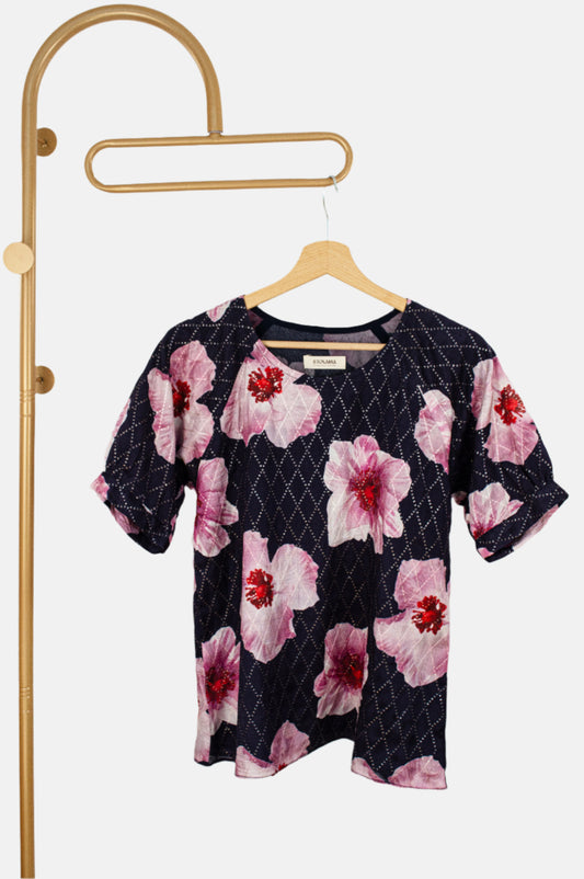 Mulmul Silk Top – Soft Floral Print with Zari Stitch Detail