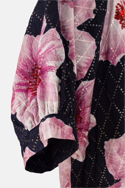 Mulmul Silk Top – Soft Floral Print with Zari Stitch Detail