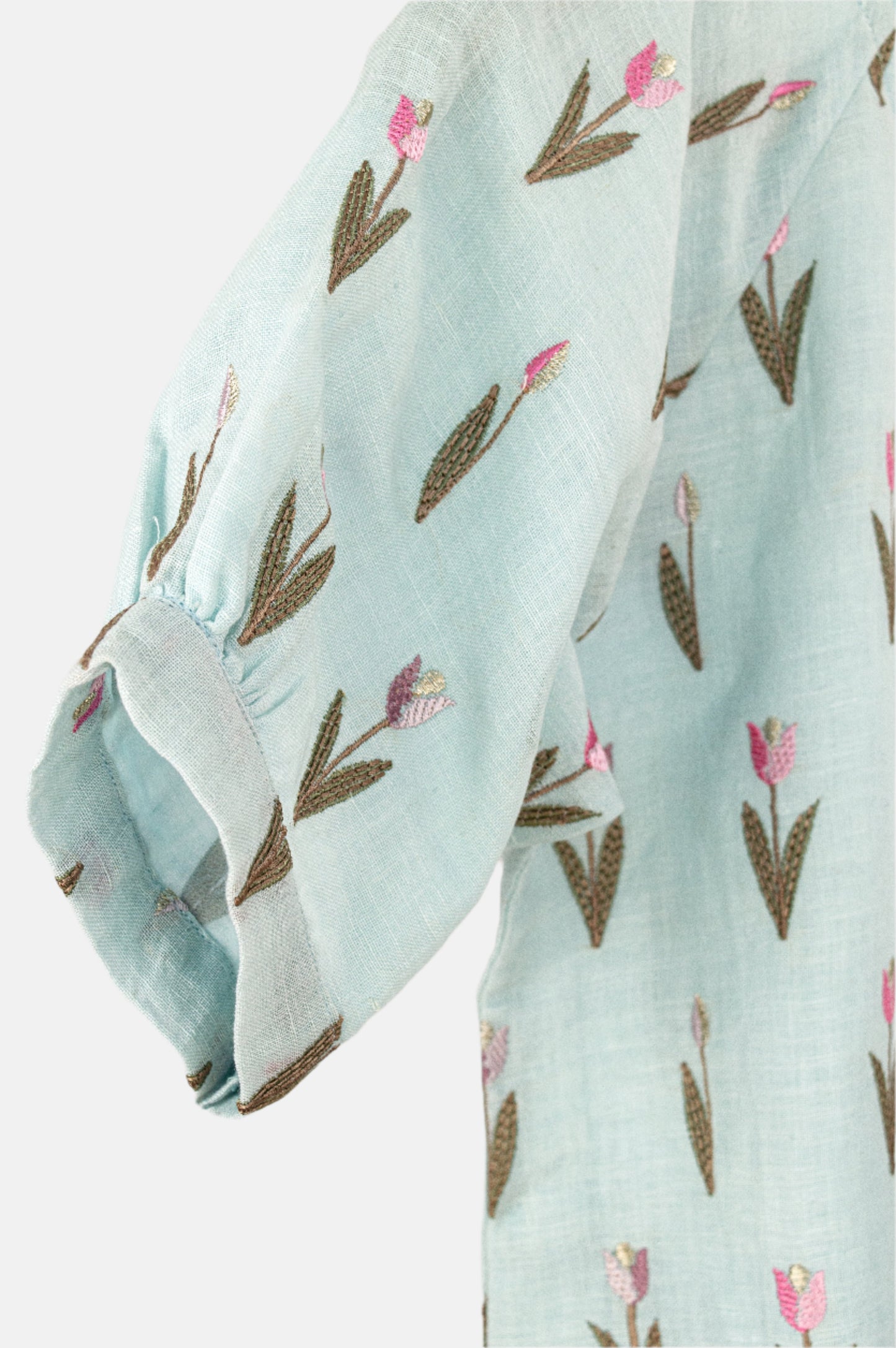 Tulip Embroidered Pure Linen Top – Soft Blue Summer Bloom