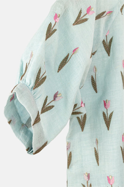 Tulip Embroidered Pure Linen Top – Soft Blue Summer Bloom