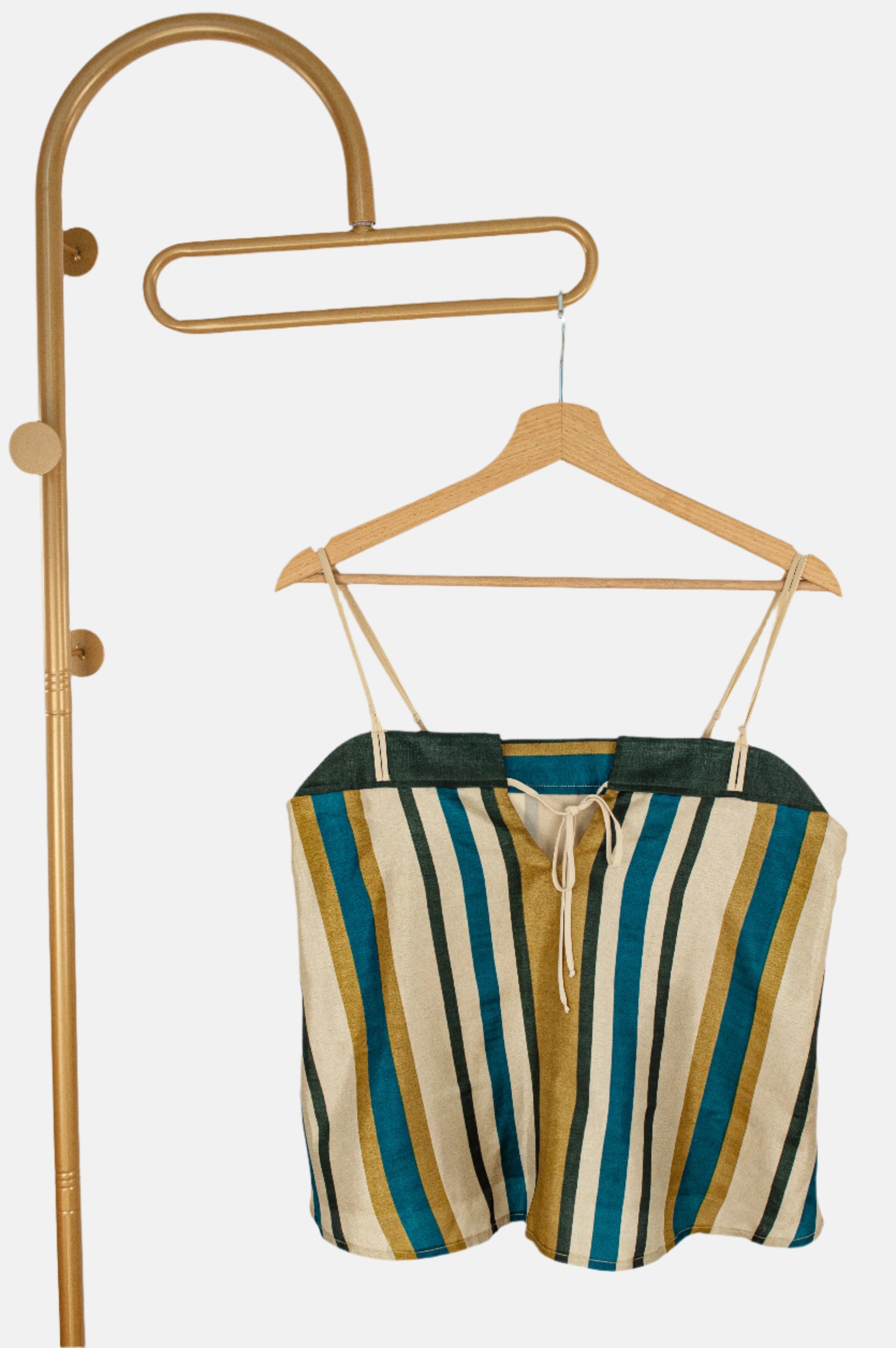 Striped Strappy Top in Cotton–Raw Silk Blend with Contrast Yoke