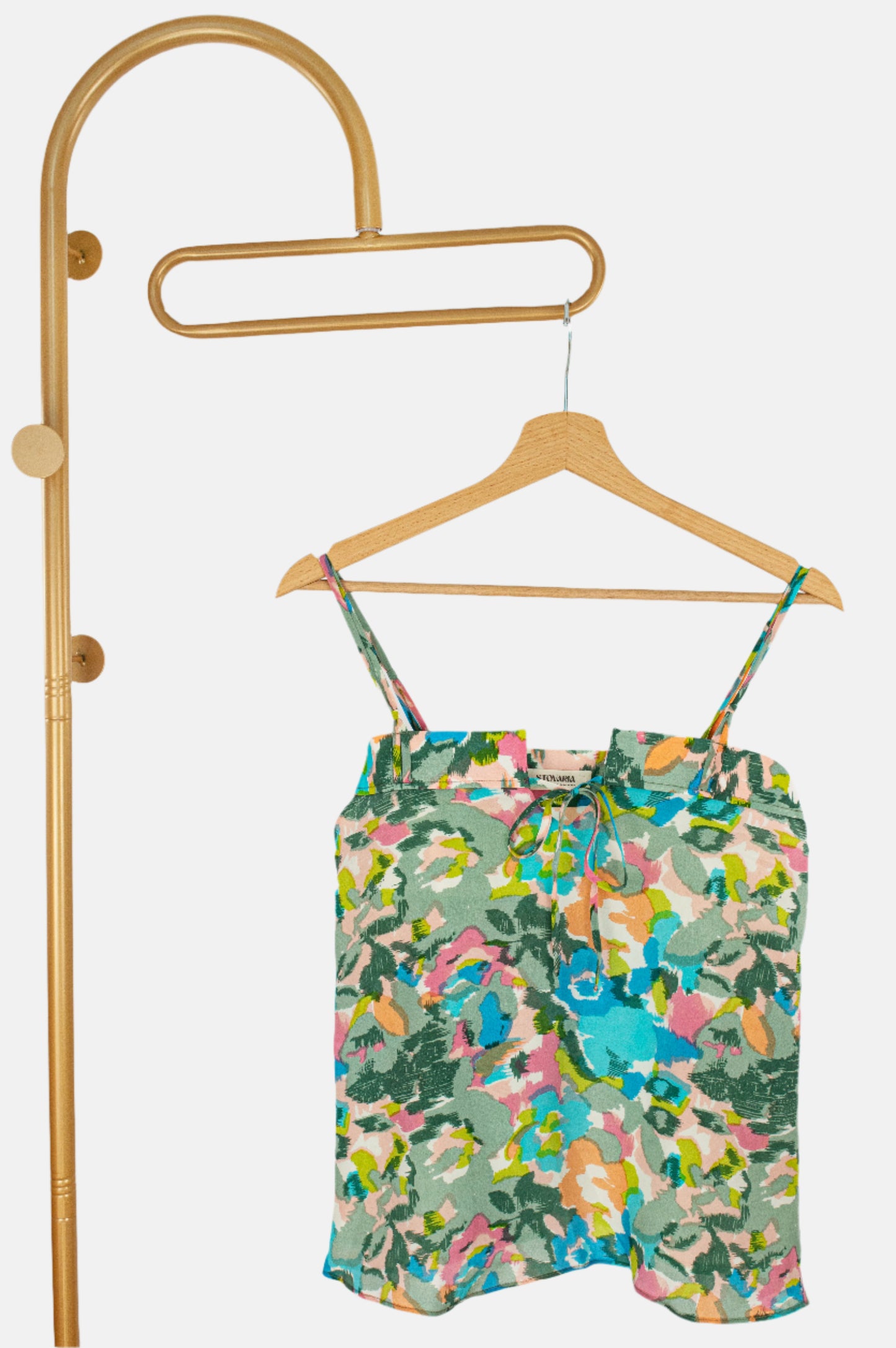 Pastel Floral Strappy Top in Pure Crepe Silk with Sculpted Neckline