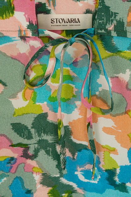 Pastel Floral Strappy Top in Pure Crepe Silk with Sculpted Neckline