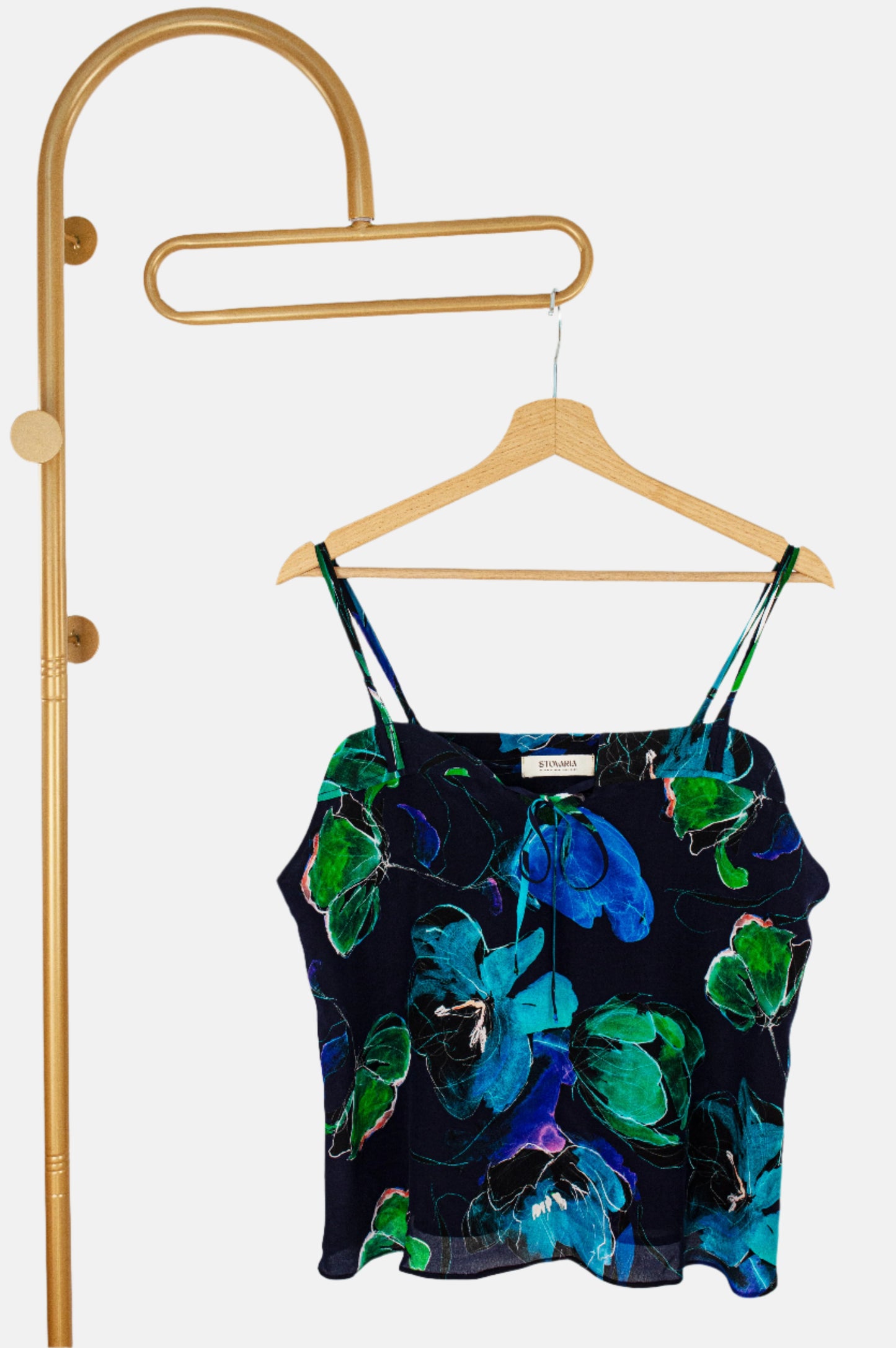 Elegant Blue Floral Silk Top – 100% Crepe Silk Strappy Summer Blouse | One of a Kind